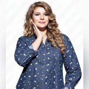 Vintage Star Print Blue Button-Up Shirt